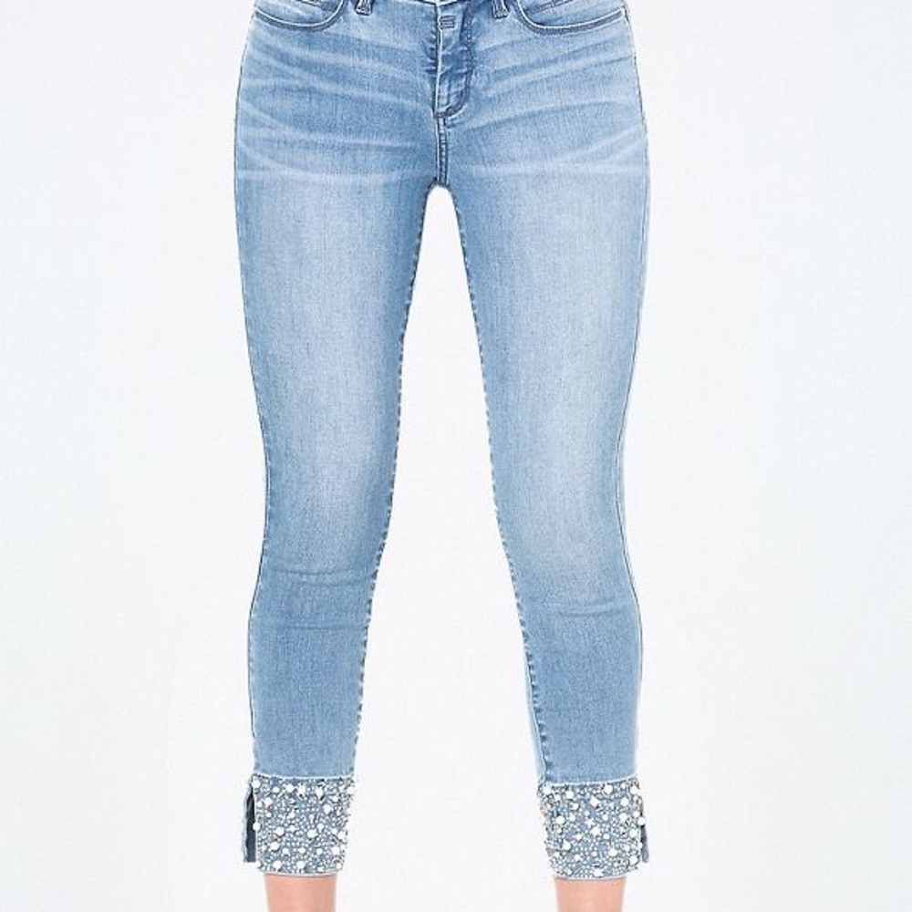 bebe mid rise crop jeans with beaded cuffs 👖